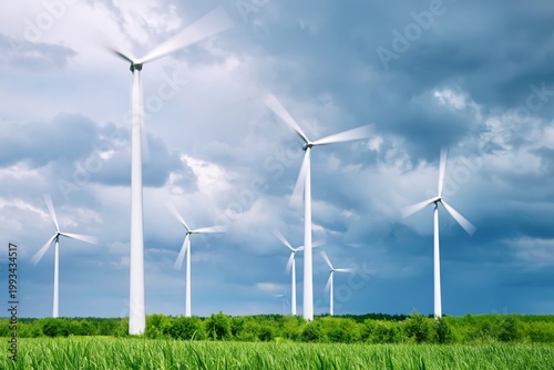 Wind Turbines Spin in a Field Under a Cloudy Sky in a Rural Area