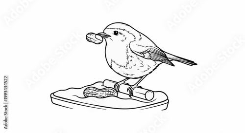 A detailed line drawing of a small bird holding a peanut in its beak