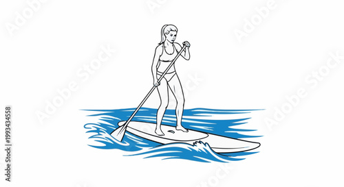 Woman paddleboarding in blue water with wavy lines