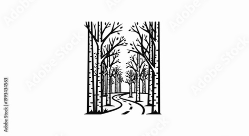 Winding forest road leads through bare, stylized trees