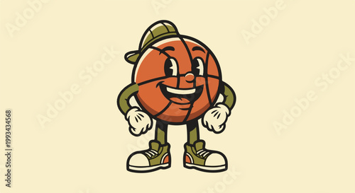 Whimsical retro basketball character in hat and sneakers