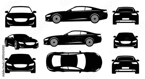 Set of Black Car Silhouettes: Front, Side, Top Views, Modern Sports Coupe
