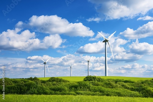 Wind Turbines Spin in the Field Under the Blue Sky With Clouds in the Afternoon