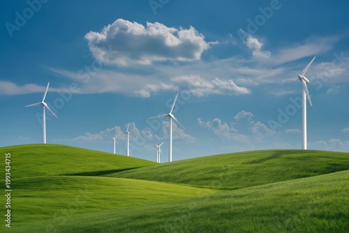 Wind Turbines Generate Energy on Green Fields Under a Blue Sky With Clouds