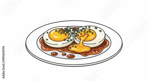 Two halves of a boiled egg with runny yolk in savory sauce on a white plate