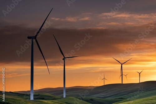 Wind Turbines Turn Against a Colorful Sunset Sky in a Quiet Landscape at Dusk