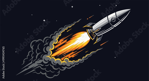 A silver rocket ship blasts through dark space with fiery exhaust
