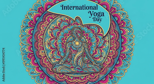 Mandala pattern background with a central yoga pose for International Yoga Day design. for international yoga day poster.