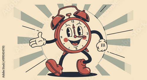 Vintage animated alarm clock character walking cheerfully with outstretched arms