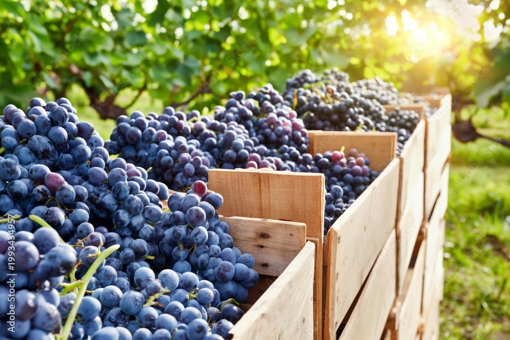 Naklejka premium Grapes Collected in Wooden Crates During Harvest Time in a Vineyard Under Sunlight