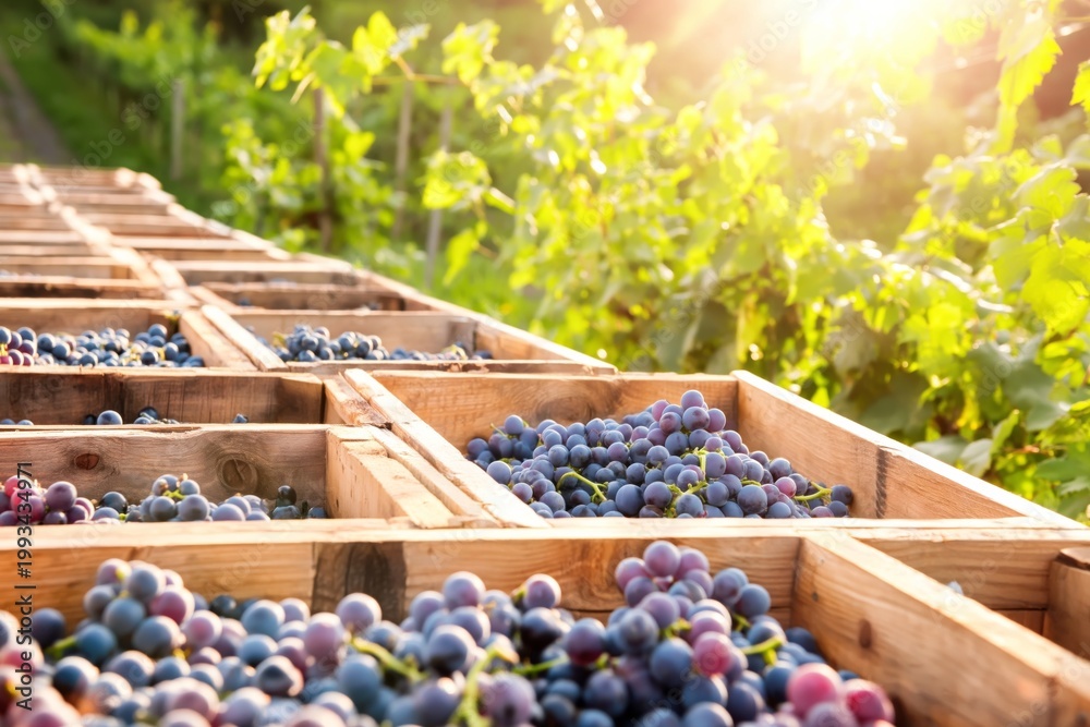 Fototapeta premium Grapes Being Harvested in Wooden Crates During Sunset in a Vineyard