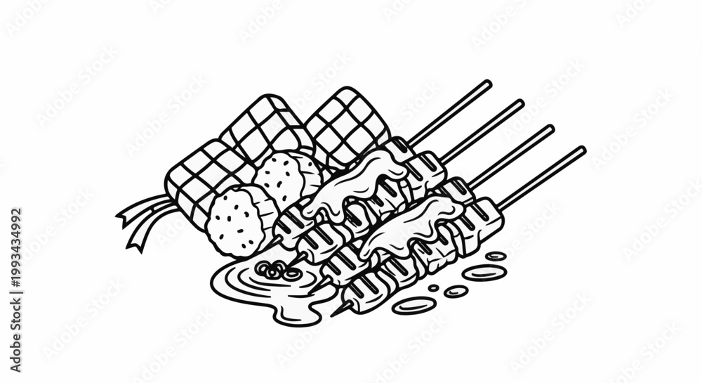 Obraz premium Black and white illustration of grilled meat skewers with rice cakes