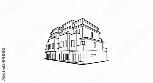 A detailed line drawing of modern townhouses stacked with balconies