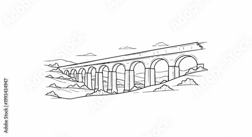 An old arched stone aqueduct stretches across a hilly landscape under a cloudy sky