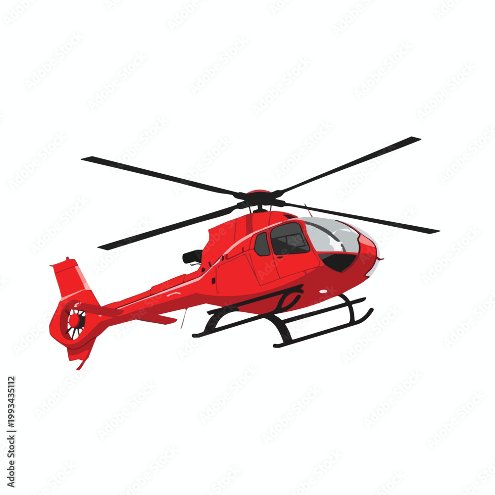 Fototapeta premium A bright red light utility helicopter flying against a white background.