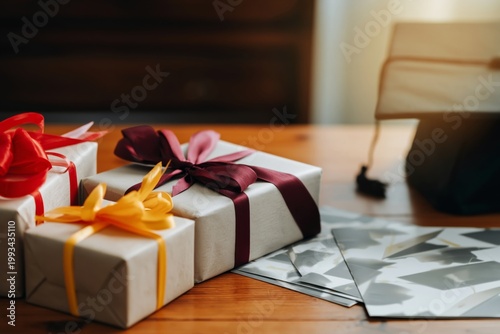 Gift Boxes and Cards on a Wooden Table During Daytime