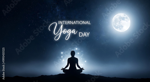 Meditation under the moonlight with stars in a calm night sky. for international yoga day poster.