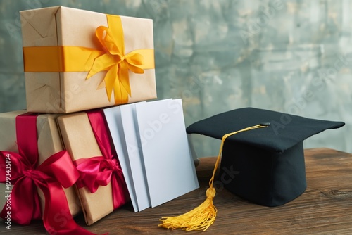 Graduation Celebration With Gifts and a Cap on a Wooden Table in Bright Light