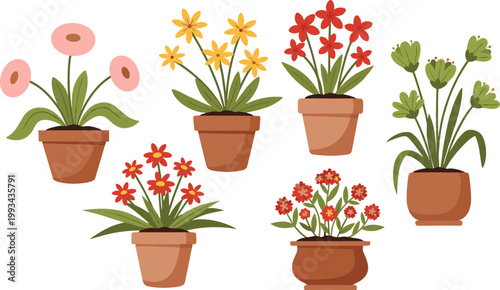 Potted Flower Plants Icon Set Featuring Indoor Houseplants, Blooming Floral Pots, and Decorative Botanical Elements in Flat Vector Illustration Style