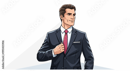 A pixelated businessman in a dark suit with a red tie, looking to the right