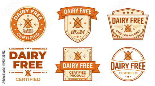 Dairy Free Labels: Six Orange and White Product Certification Emblems with Milk Drop Icon