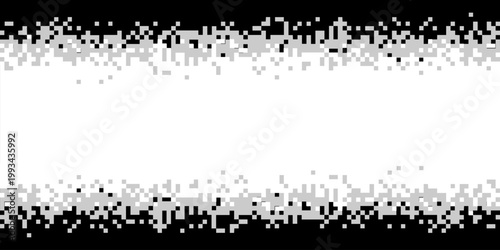 Pixelated bitmap gradient texture. Black and white dither pattern background. Abstract glitchy pattern. 8 bit video game screen wallpaper. Border Wide. Pixel art retro Illustration. Vector