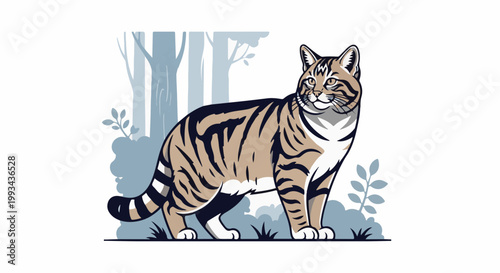 Tabby cat standing in a minimalist forest setting