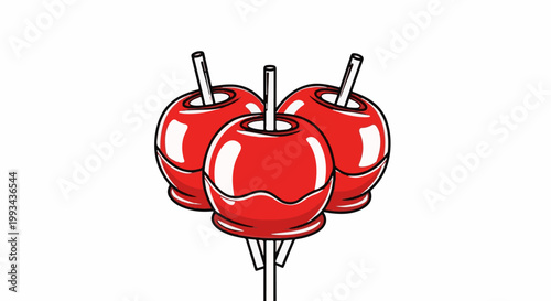 Three glossy red candy apples on sticks against white