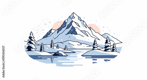 Stylized snowy mountain peaks rise above a frozen lake with fir trees