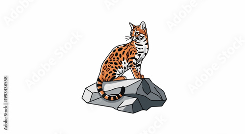 A spotted feline with orange fur and black spots sits on a grey rock