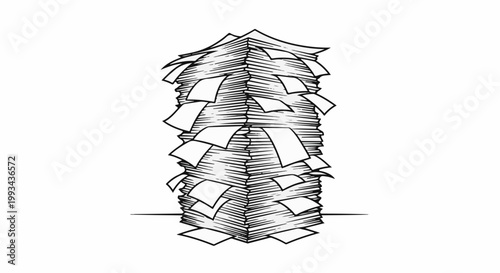 Tall stack of papers, black and white illustration, messy edges