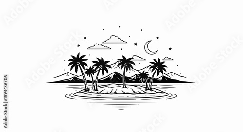 A tropical island with palm trees under a starry night sky and crescent moon