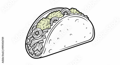 Stylized line drawing of a taco with a light green filling and tomato slices