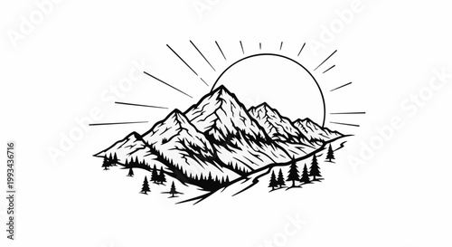 Stylized mountainous landscape with rising sun and pine trees