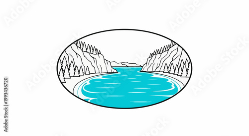 Stylized oval illustration of a tranquil bay with forested cliffs and distant hills