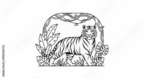 Stylized line art of a tiger in a jungle arch with lush foliage