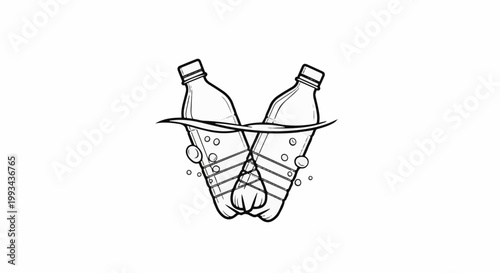 Stylized sketch of two plastic bottles submerged in water with bubbles