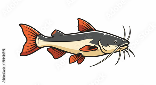 Stylized drawing of a catfish with orange fins and whiskers