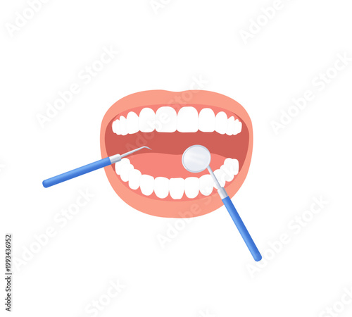 Healthcare hygiene concept,oral treatment illustration,open mouth with teeth and dental tools centered on clean background vector 2d flat design