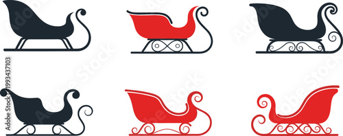 Santa Sleigh Icon Set Featuring Minimal and Decorative Christmas Sledge Designs for Holiday, Winter, and Festive Seasonal Flat Vector Illustration