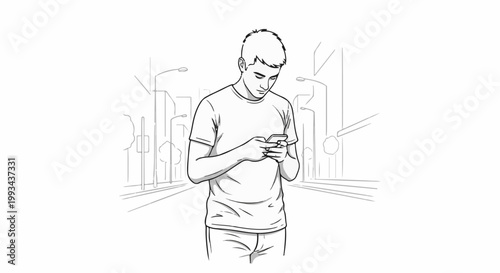 A young man in casual clothes is engrossed in his smartphone on a street