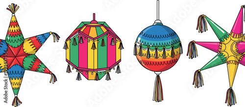 Colorful Piñata Collection with Star and Round Shapes Festive Party Decorations for Mexican Fiesta, Birthday Events, and Celebration Vector Design