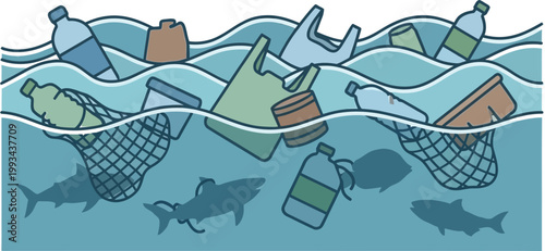 Plastic Pollution in Ocean with Sharks and Fish Swimming Among Debris