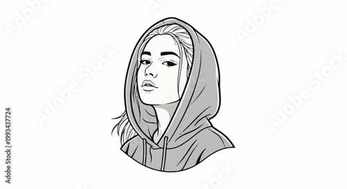Stylized black and white portrait of a young woman wearing a hooded sweatshirt