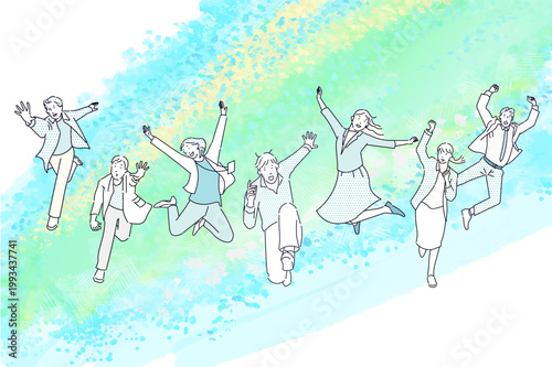 スタートアップのイメージイラストージャンプするビジネスパーソンーカジュアル服ー抽象的背景イラスト素材