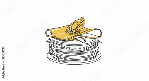 Stacked papers topped with a wide-brimmed hat decorated with a feather