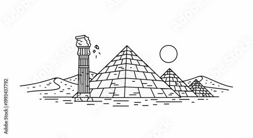 Ancient Egyptian pyramids and a broken column under a bright sun