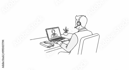 Person wearing headset on video call with another person, desk with laptop