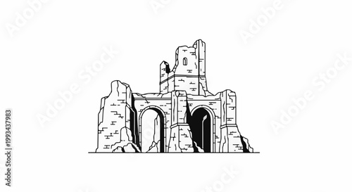 Ancient stone ruins with arched passages and broken towers stand against white