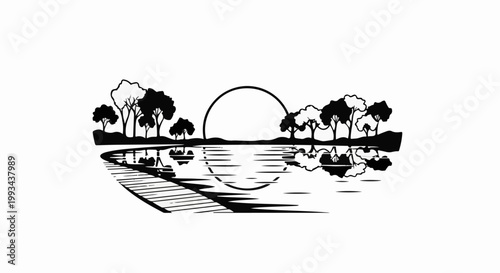 Silhouette of trees and sun reflected on a tranquil lake with a pier